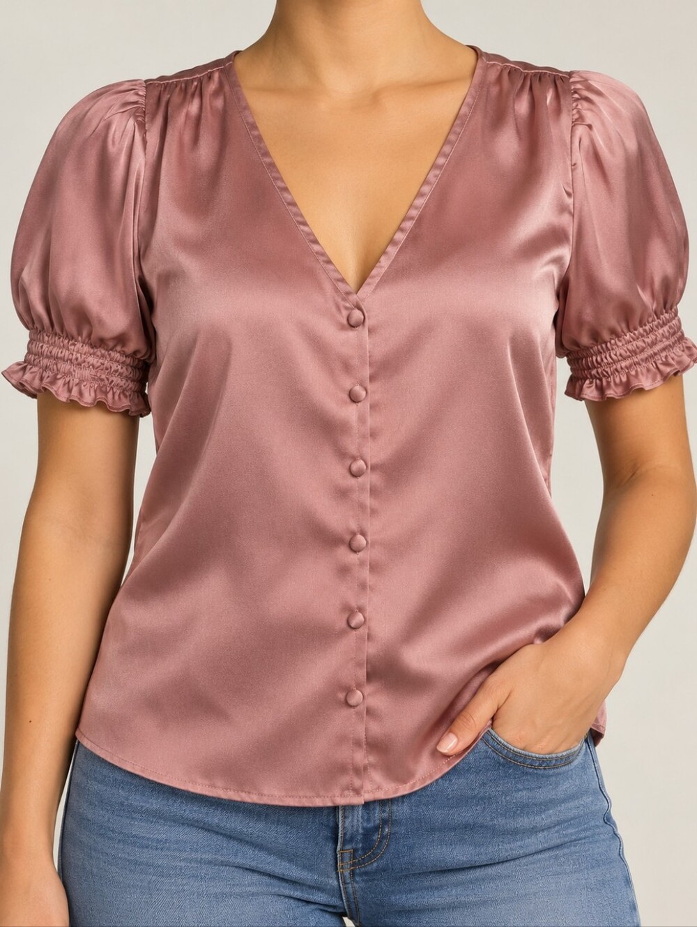 SHEIN Pink Satin Puff Sleeve Blouse Size L